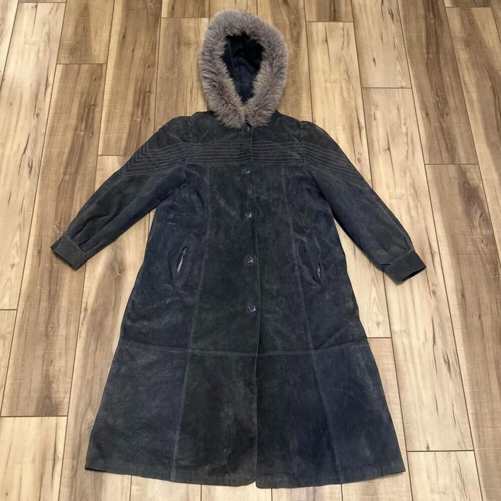 Vintage 70s Suede Maxi Coat Fur Hood Kestilä Finland Grey Parka L